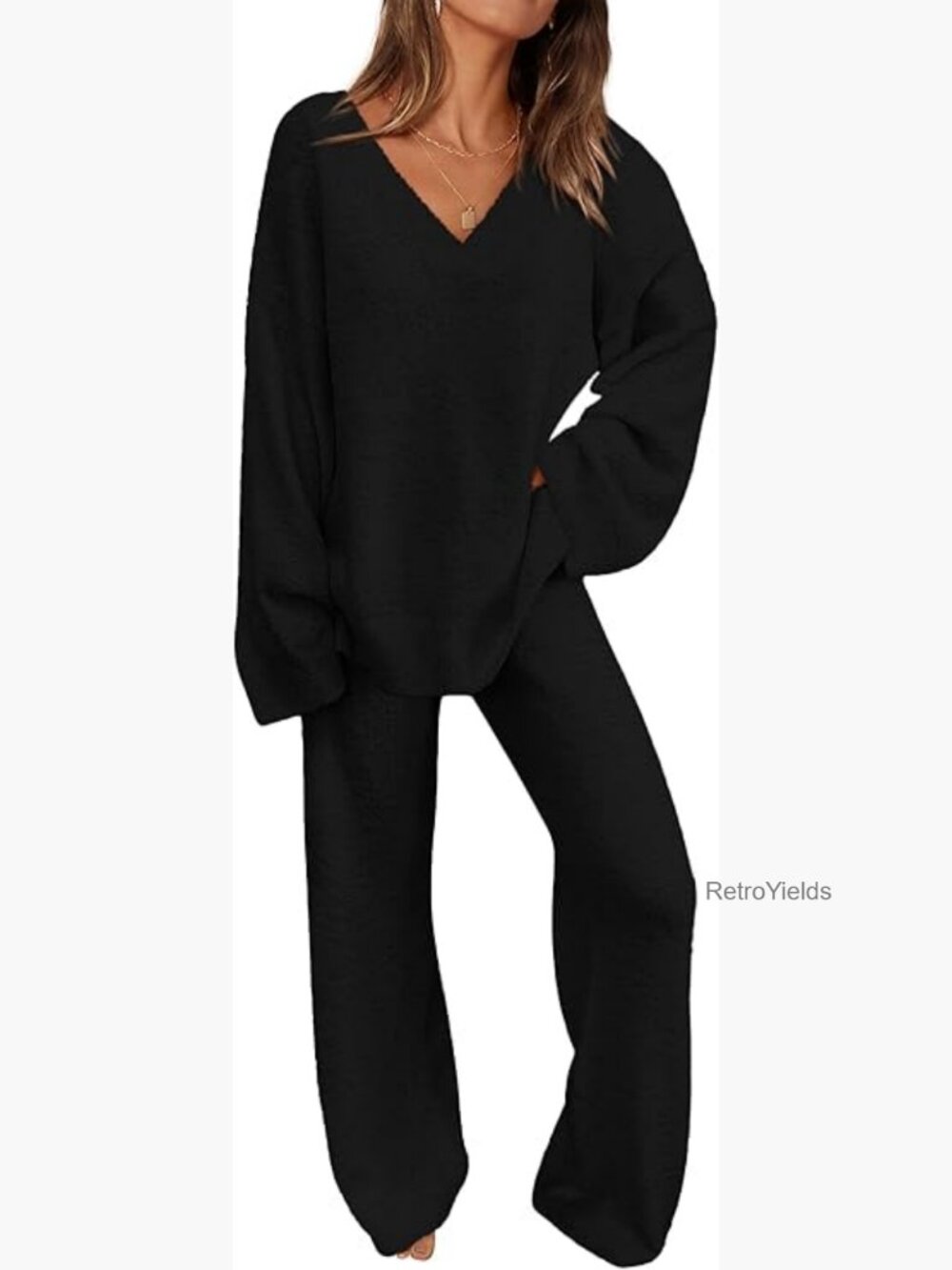 Two Piece Relaxed Knit Lounge Set Wide Leg Sweatpants Pullover V Neck - Picture 1 of 7